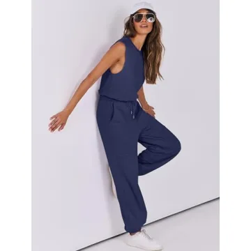 ANRABESS Jumpsuits for Women Casual Summer Sleeveless 2025 Romper One Piece Outfit Active Workout Lounge Jumpsuits Pockets Blue Large