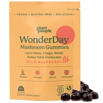 Plant People WonderDay Mushroom Gummies - Lion’s Mane, Cordyceps, Chaga Mushroom Supplement to Sup...