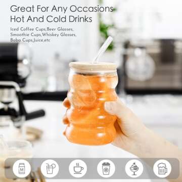 INSETLAN Creative Glass Cups With Lids And Straws-18oz Wave Shape Drinking Glasses of 4 Set, Beer Glasses, Can Shaped Glass Cups, Cute Tumbler Cup, for Cocktail, Juice, Iced Coffee (18 OZ)