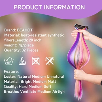 32 PCS Clip in Colored Hair Extensions for Kids