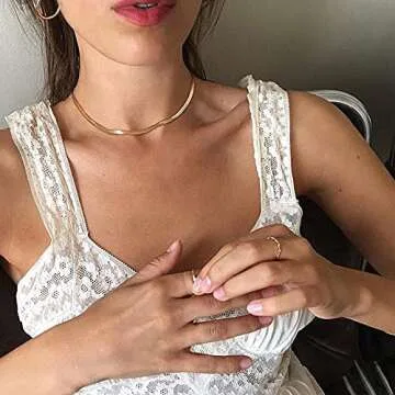 Tewiky Herringbone Necklace for Women Dainty 14k Gold Snake Chain Necklace Layered Gold Herringbone Double Flat Snake Chain Choker Necklace Thin Chunky Chain Necklace Gift for Her