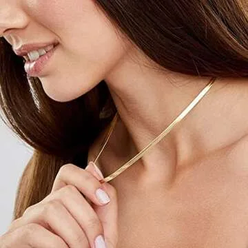 Tewiky Herringbone Necklace for Women Dainty 14k Gold Snake Chain Necklace Layered Gold Herringbone Double Flat Snake Chain Choker Necklace Thin Chunky Chain Necklace Gift for Her
