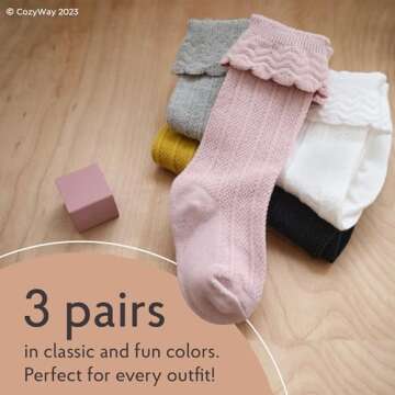 CozyWay Baby Knee High Socks For Baby Girls Infant 0-6 Months 3-3 Pack