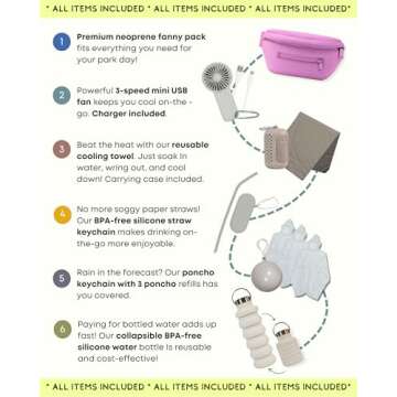 Maxie & Nova Theme Park Essentials Fanny Pack for Women -10 Pieces, Cruise Ship Essentials including USB Fan, Collapsible Water Bottle, Disposable Ponchos, Cooling Towel, Silicone Straw - (Pink)