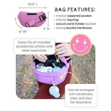 Maxie & Nova Theme Park Essentials Fanny Pack for Women -10 Pieces, Cruise Ship Essentials including USB Fan, Collapsible Water Bottle, Disposable Ponchos, Cooling Towel, Silicone Straw - (Pink)