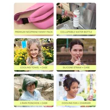 Maxie & Nova Theme Park Essentials Fanny Pack for Women -10 Pieces, Cruise Ship Essentials including USB Fan, Collapsible Water Bottle, Disposable Ponchos, Cooling Towel, Silicone Straw - (Pink)