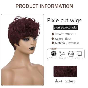 BOBCOO Short Pixie Cut Wigs for Black Women Short Curly Wig 99J Burgundy Pixie Cut Wigs Layered Pixi...
