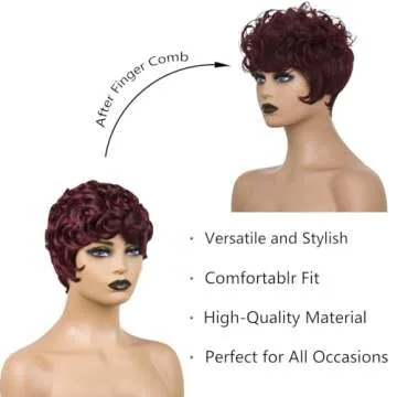 BOBCOO Short Pixie Cut Wigs for Black Women Short Curly Wig 99J Burgundy Pixie Cut Wigs Layered Pixie Wigs Wine Red Short Wigs(Burgundy)