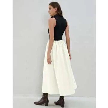 Lauweion Women's Summer Sleeveless Turtleneck Maxi Dress Patchwork Casual Flowy Mock Neck Tank Top Dress with Pockets Black-White