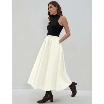 Lauweion Women's Summer Sleeveless Turtleneck Maxi Dress Patchwork Casual Flowy Mock Neck Tank Top Dress with Pockets Black-White