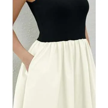 Lauweion Women's Summer Sleeveless Turtleneck Maxi Dress Patchwork Casual Flowy Mock Neck Tank Top Dress with Pockets Black-White