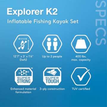 Intex 68309EP Excursion Pro K2 Inflatable Kayak Set: Includes Deluxe 86in Kayak Paddles and High-Output Pump – SuperTough PVC – Adjustable Bucket Seat – 2-Person – 400lb Weight Capacity