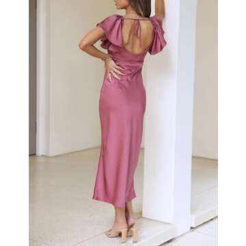 Summer Satin Flutter Sleeve Wedding Guest Dresses for Women Sweetheart Neckline Cutout Tie Back Midi...