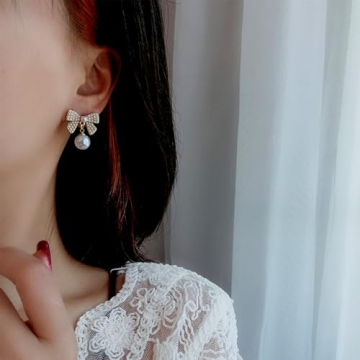 Crystal Rhinestone Pearl Bow Stud Earrings Elegant Sparkle