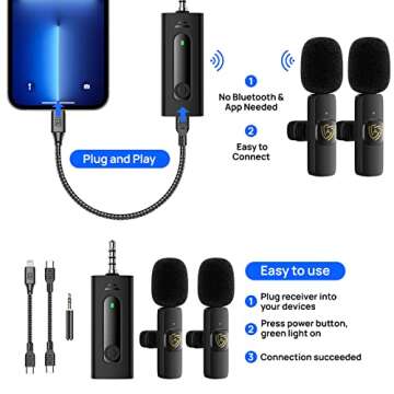 Wireless Lavalier Microphone for iPhone iPad Android Camera, 3.5 Jack, Ultra Low Latency, AI Noise Reduction, Plug and Play, Suitable for Interview, Live Streaming, YouTube, Facebook, TikTok Vlog