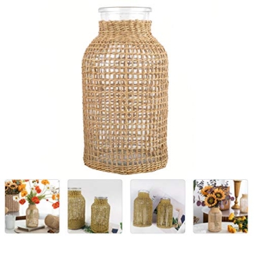 DOITOOL Glass Flower Vase with Rattan Cover,Tall Glass Vase Boho Decoration,Farmhouse Flower Bud Vase,Floral Container Decorative Vase for Floral Arrangements Housewarming Wedding Party Home Decor (S)