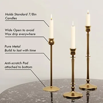 Brass Taper Candle Holders Set of 3 for Home Decor