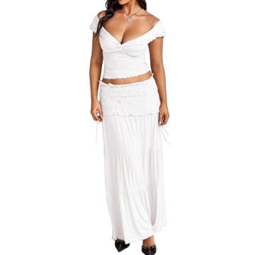Stylish Women's Two Piece Outfit Set - Casual Twist Front Crop Top & Maxi Skirt
