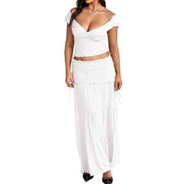 Stylish Women's Two Piece Outfit Set - Casual Twist Front Crop Top & Maxi Skirt