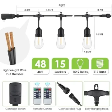 Larkvue 48FT Dimmable Outdoor String Lights with Remote