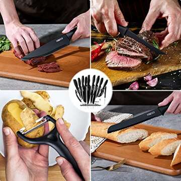 Homever Kitchen Knife Block Set, 19 Pcs Super Sharp Stainless Steel Chef Knife Sets, Serrated Steak Knives Set, Bread Knife, Scissor, Sharpener (Black)