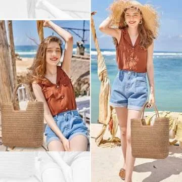 YAVCOOL Straw Beach Bags for Women Woven Beach Tote Bag Casual Boho Large Shoulder Handbags Purse fo...