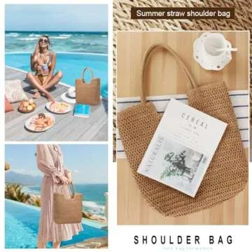 YAVCOOL Straw Beach Bags for Women Woven Beach Tote Bag Casual Boho Large Shoulder Handbags Purse for Vacation Holiday
