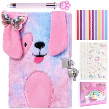 Sicbanna Diary for Girls with Lock and Keys, Plush Dog Secret Diary a Gift Set for Kids, Puppy Dog D...