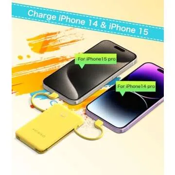 6000mah Ultra Slim Built in Cables Power Bank, Card Size Built in USB C Cords Battery Pack Portable Charger for Phones, 3 Output External Battery Pack Compatible with iPhone, Samsung, Google, Yellow