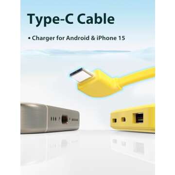 6000mah Ultra Slim Built in Cables Power Bank, Card Size Built in USB C Cords Battery Pack Portable Charger for Phones, 3 Output External Battery Pack Compatible with iPhone, Samsung, Google, Yellow