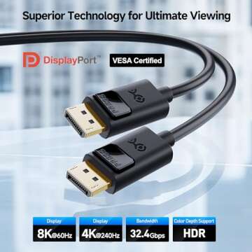 Cable Matters 32.4Gbps DisplayPort 1.4 Cable - 6ft, Support 8K 60Hz, 4K 240Hz DisplayPort Cable 1.4 ...