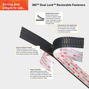 3M Dual Lock Reclosable Fasteners, Heavy Duty, Black, TB4575/SJ4575, 1 in x 10 ft Mated Strip, Industrial Use, Indoor/Outdoor, Great for Metal, Acrylic, PC, ABS, Powder Coated Paints, 1 Roll