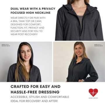 Inspired Comforts Mastectomy Recovery Hoodie Sweatshirt with Drain Pockets | Post Breast Cancer Recovery | Full Sleeve | M, Charcoal
