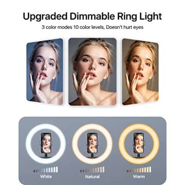andobil 10" Ring Light with 63" Tripod Stand, LED Selfie Ring Light with Bluetooth Remote, Extendable Cell Phone Holder for YouTube TikTok Video Makeup Live Stream, Compatible with All Phones