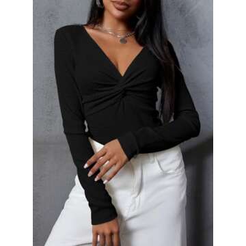 Dokotoo Womens Fall Sweaters Tops Fashion 2024 Outfits Clothes Womens Long Sleeve Tops Tshirts Shirts Fall Sweaters Top V Neck Sexy T Shirts Casual Business Blouses for Women Dressy Casual A Black