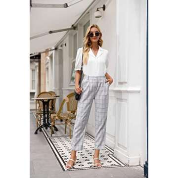 Women Casual Plaid Pants with Pockets Elastic Waist Work Pants Gray Plaid XL