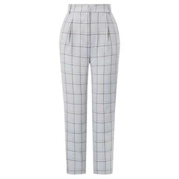 Women Casual Plaid Pants with Pockets Elastic Waist Work Pants Gray Plaid XL