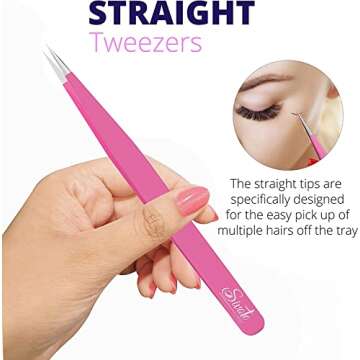 Sivote Eyelash Tweezers, 2-Pack, Hand Calibrated Straight and Curved Tips, Stainless Steel Lash Tweezers for Eyelash Extensions, Pink