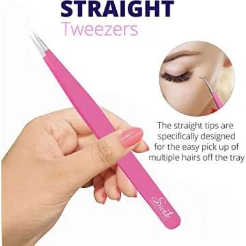 Sivote Eyelash Tweezers, 2-Pack, Hand Calibrated Straight and Curved Tips, Stainless Steel Lash Tweezers for Eyelash Extensions, Pink