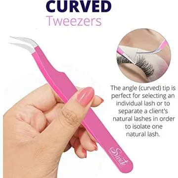 Sivote Eyelash Tweezers, 2-Pack, Hand Calibrated Straight and Curved Tips, Stainless Steel Lash Tweezers for Eyelash Extensions, Pink