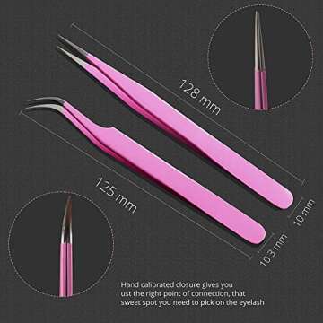 Sivote Eyelash Tweezers, 2-Pack, Hand Calibrated Straight and Curved Tips, Stainless Steel Lash Tweezers for Eyelash Extensions, Pink