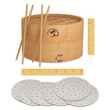 2-Tier 08-inch Bamboo Steamer Basket with Lid|3x Pc Dumpling steamer|2x Chopsticks|50x Perforated Li...