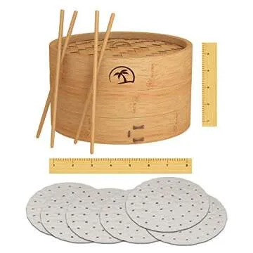2-Tier 08-inch Bamboo Steamer Basket with Lid|3x Pc Dumpling steamer|2x Chopsticks|50x Perforated Li...