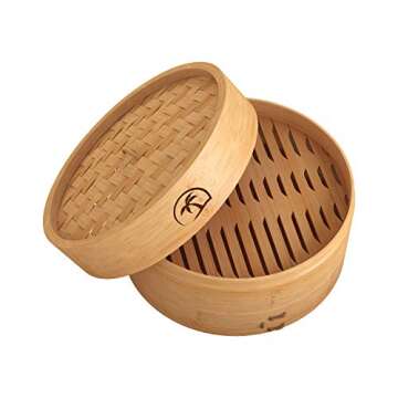 2-Tier 08-inch Bamboo Steamer Basket with Lid|3x Pc Dumpling steamer|2x Chopsticks|50x Perforated Liners| Easy to clean bamboo Steamer Baskets for Cooking Rice & Vegetable