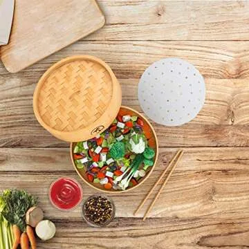 2-Tier 08-inch Bamboo Steamer Basket with Lid|3x Pc Dumpling steamer|2x Chopsticks|50x Perforated Liners| Easy to clean bamboo Steamer Baskets for Cooking Rice & Vegetable