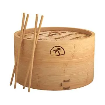 2-Tier 08-inch Bamboo Steamer Basket with Lid|3x Pc Dumpling steamer|2x Chopsticks|50x Perforated Liners| Easy to clean bamboo Steamer Baskets for Cooking Rice & Vegetable