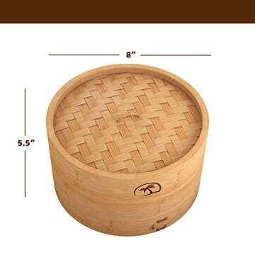 2-Tier 08-inch Bamboo Steamer Basket with Lid|3x Pc Dumpling steamer|2x Chopsticks|50x Perforated Liners| Easy to clean bamboo Steamer Baskets for Cooking Rice & Vegetable