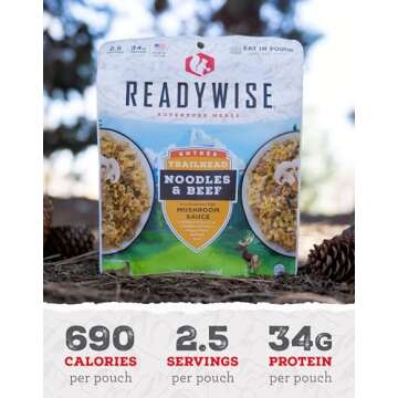 READYWISE - Adventure Meal, Noodles & Beef With Mushroom Sauce, 2 Servings, Pack of 1, Emergency Preparedness, Freeze Dried Food, MRE, Snack Pack or Emergency Food, Backpacking, Camping, Hiking, and,