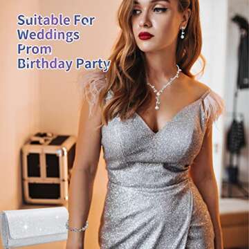 Ditard 4 Pieces Rhinestone Jewelry SetClutch Purse Prom Jewelry Sets Wedding Bridal Jewelry Rhinestone Necklace Dangle Ear ClipCrystal Jewelry Set Wedding Party (Elegant Style) Silver