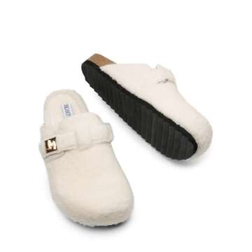 DREAM PAIRS Women's Clogs for Women Mules Cork Footbed Slip-On Shoes with Arch Support,Size 7,White-Furry,SDML2406W